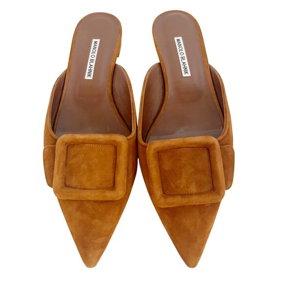 Manolo Blahnik Maysale Camel Suede Buckle Pointed Toe Flat Slide Mules IT 40 - Picture 2 of 11